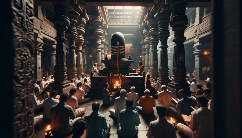 Inside an ancient temple, a group of devotees are performing the Shiv Rudrashtakam in front of a grand Shiva lingam