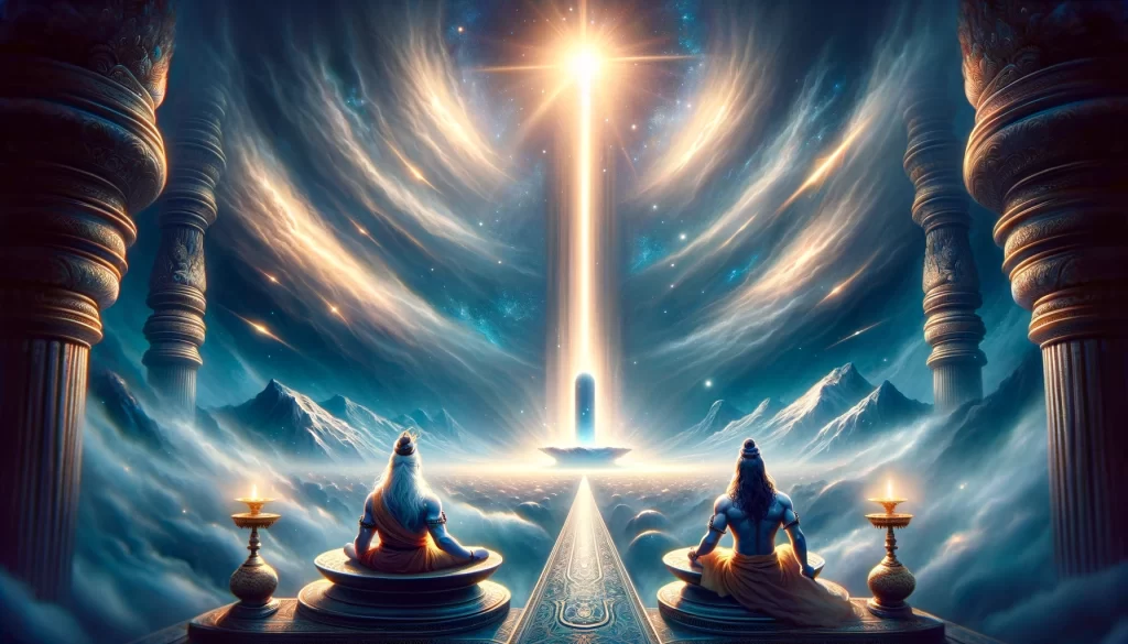 The emergence of the infinite Jyotirlinga, representing the moment when Lord Shiva appeared as an endless pillar of light to settle the dispute between Brahma and Vishnu