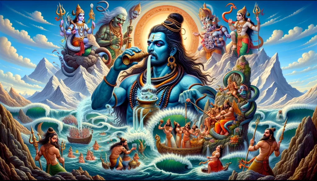 The scene of Samudra Manthan with gods and demons churning the ocean using the mountain Mandara as the churning rod and the serpent Vasuki as the rope