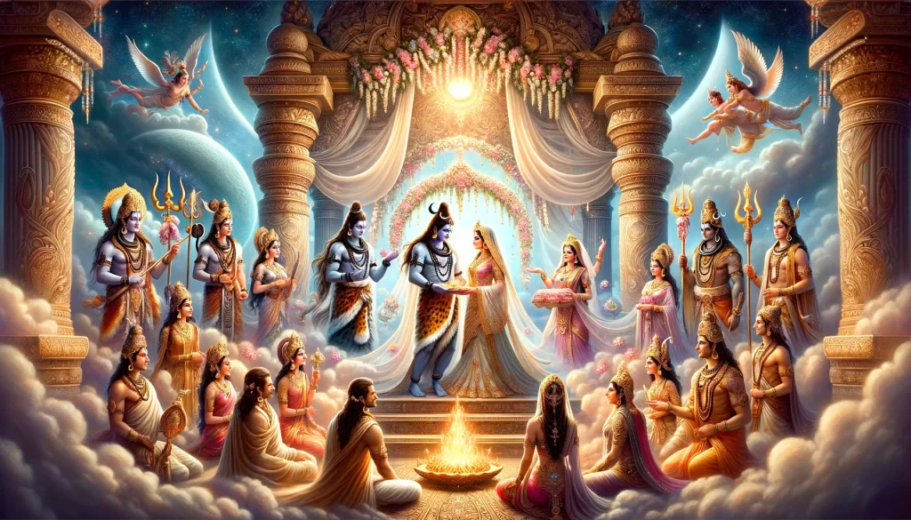 The wedding of Lord Shiva and Goddess Parvati, depicted as a divine ceremony with the presence of gods and goddesses